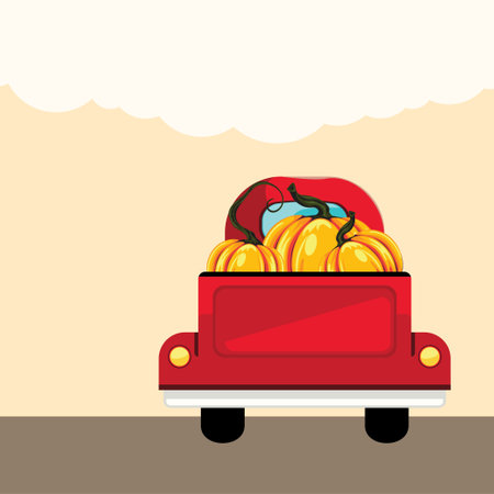 Retro farmer red pickup truck with pumpkins, vintage transport illustration.のイラスト素材