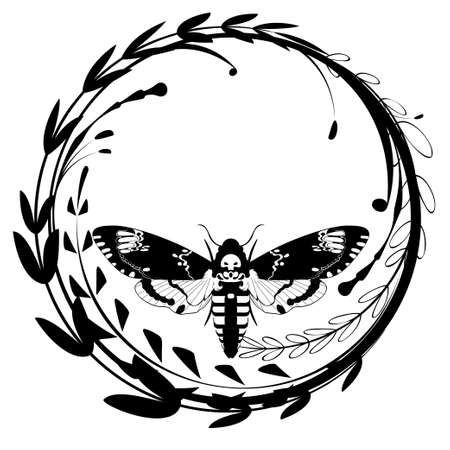 Abstract the death's head hawk moth, Acherontia atropos butterfly black and white illustration.のイラスト素材