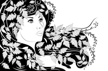 Woman portrait with autumn leaves in hair, black and white illustration.のイラスト素材