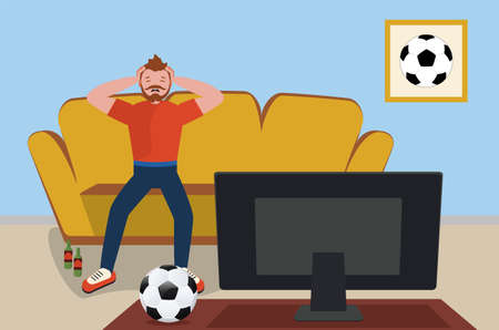 Cartoon man in red shirt in wheelchair watching TV, soccer or football fan illustration.のイラスト素材