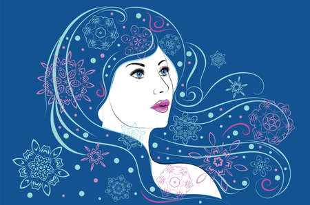 Winter woman with decorative snowflakes in blue hair illustration.のイラスト素材