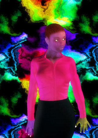 Abstract colorful background and digitally rendered black woman in pink blouse, 3D illustration.の写真素材
