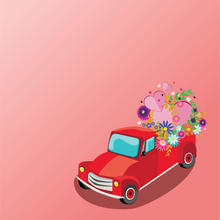 Retro red farmer pickup truck with colorful flowers and hearts card illustration.のイラスト素材