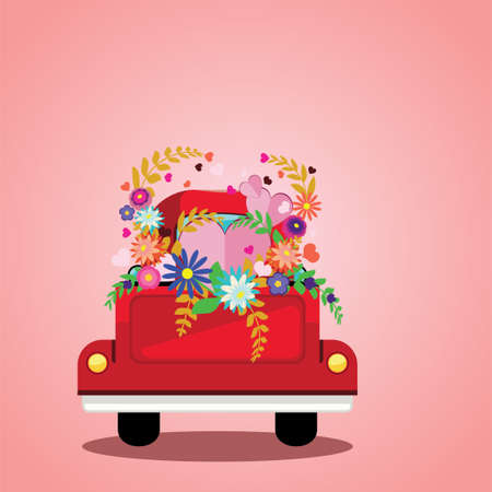 Retro red farmer pickup truck with colorful flowers and hearts card illustration.のイラスト素材