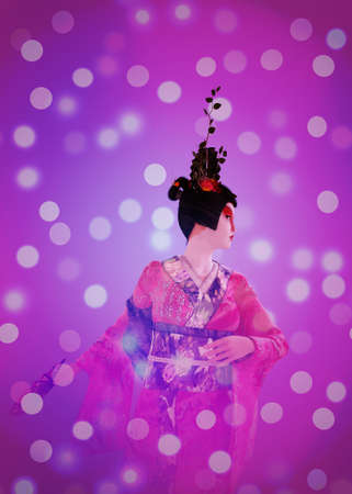 Japanese geisha in pink kimono with fan over bokeh background, 3d illustration.の写真素材