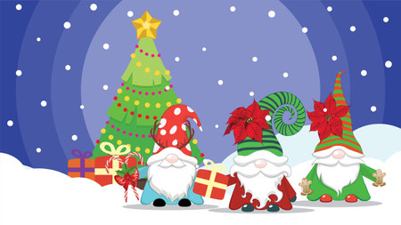 Scandinavian gnome, cartoon fantasy character and Christmas tree, colorful greeting card illustration.のイラスト素材