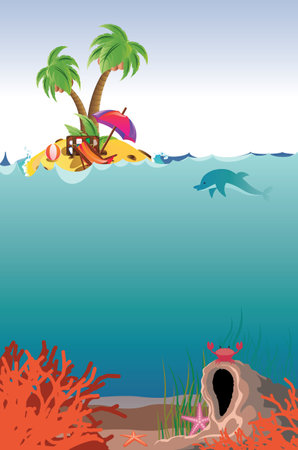 Cartoon palm island and underwater scene with coral reef, small cave and fishes.のイラスト素材