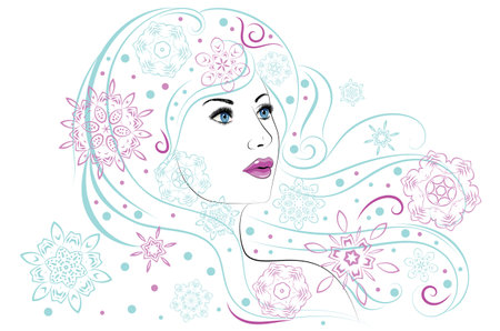 Winter woman with decorative snowflakes in blue hair illustration.のイラスト素材