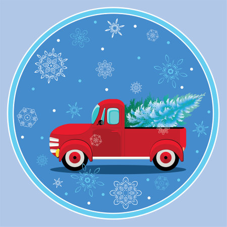 Cartoon retro red pickup with evergreen tree and snowflakes illustrationのイラスト素材