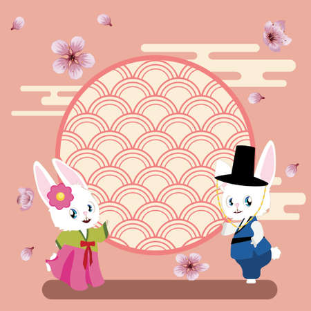 Cute cartoon white bunny couple wears traditional Korean costume Hanbok for Chuseok, Mid Autumn Festival.のイラスト素材