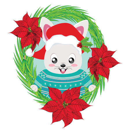 Cute cartoon bunny or rabbit in knitted winter clothing and Santa hat illustration.のイラスト素材