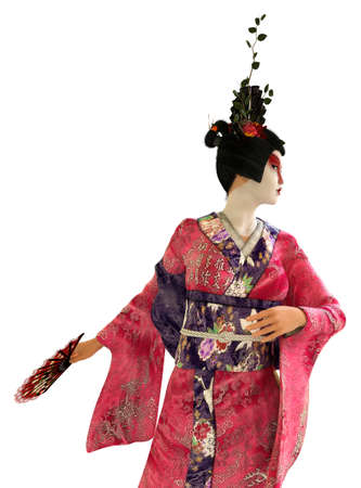 Japanese geisha in pink kimono with fan, 3d illustration.の写真素材