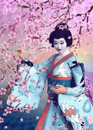 Japanese Geisha in blue kimono and blooming sakura branches, 3d illustrationの写真素材