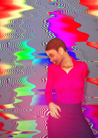 Abstract colorful background and digitally rendered black woman in pink blouse, 3D illustration.
