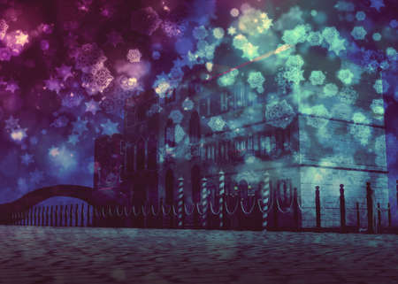 Decorative snowflakes and old Venice street buildings, 3D Illustration.の写真素材