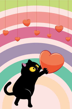 Cute cartoon black cat holding red heart, valentines day illustration.のイラスト素材