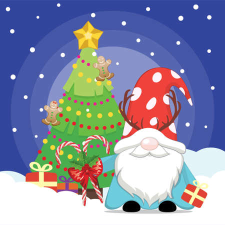 Scandinavian gnome, cartoon fantasy character and Christmas tree, colorful greeting card illustration.のイラスト素材