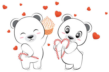 Cute cartoon white bear couple in love with hearts illustration.のイラスト素材