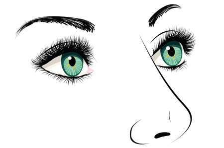 Female face with green eyes and long eyelashes, line art.のイラスト素材
