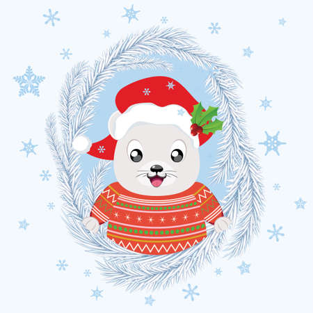 Cute cartoon white polar bear in knitted winter clothing and Santa hat illustration.のイラスト素材
