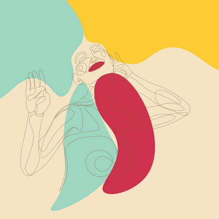 Abstract colorful line art portrait of a woman smiles with closed eyes illustration.のイラスト素材