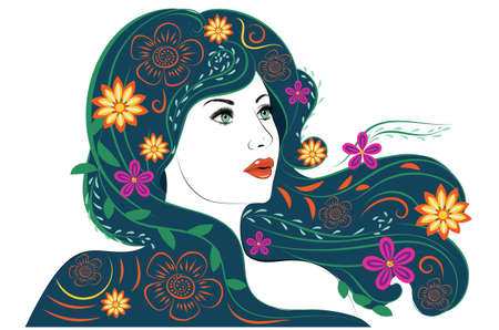 Abstract female portrait with long blue green hair with flowers, colorful illustration.のイラスト素材
