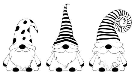 Scandinavian gnome, cartoon Christmas fantasy character illustration in black and white.のイラスト素材