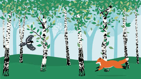 Forest landscape with birch trees with green leaves and cartoon animals illustration.のイラスト素材