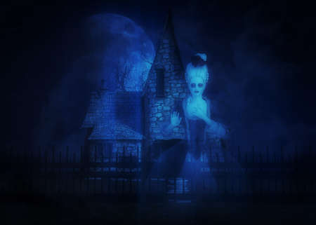 Old abstract spooky Halloween witch house in night forest and Victorian ghost lady, 3D Illustration.の写真素材
