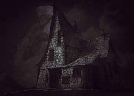 Old abstract spooky Halloween witch house in night forest, 3D Illustration.