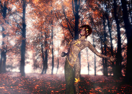 Fantasy dryad woman with tree trunk leg in autumn forest, 3d Illustration.の写真素材