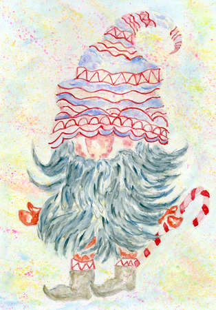 Decorative Scandinavian Christmas gnome hand drawn watercolor illustration.の写真素材