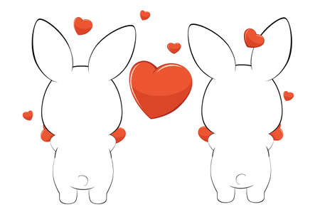 Cute cartoon couple of white bunnies with heart illustration.のイラスト素材