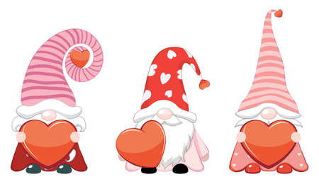 Cartoon three Valentine's day gnomes with red hearts illustration.のイラスト素材