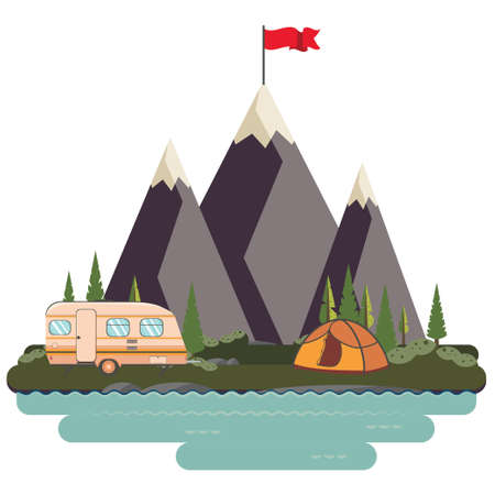 Abstract mountains with red flag on top, green hills and camping, landscape illustration.のイラスト素材