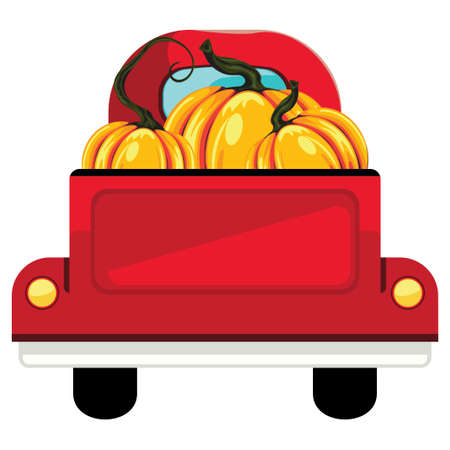 Retro farmer red pickup truck with pumpkins, vintage transport illustration.のイラスト素材
