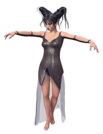 Dark elf, witch woman with fantasy hair wear black outfit, 3D Illustration.の写真素材