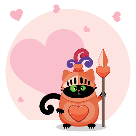Cute cartoon black cat in knight armor with red heart, valentines day illustration.のイラスト素材