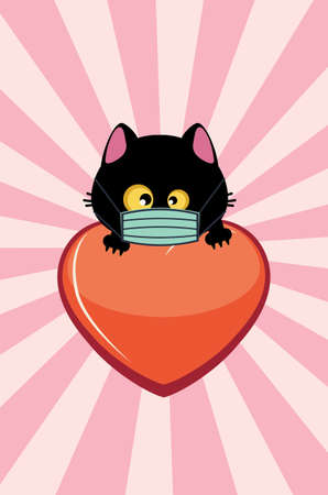 Cute cartoon black cat head in face mask and big red heart illustration.のイラスト素材