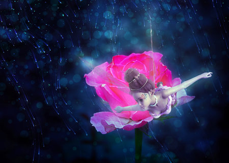 Bright pink rose and 3D fantasy fairy girl, photomanipulation.