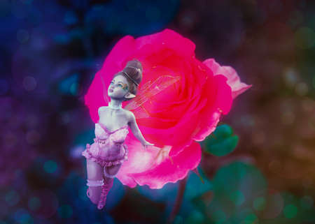 Bright pink rose and 3D fantasy fairy girl, photomanipulation.の写真素材