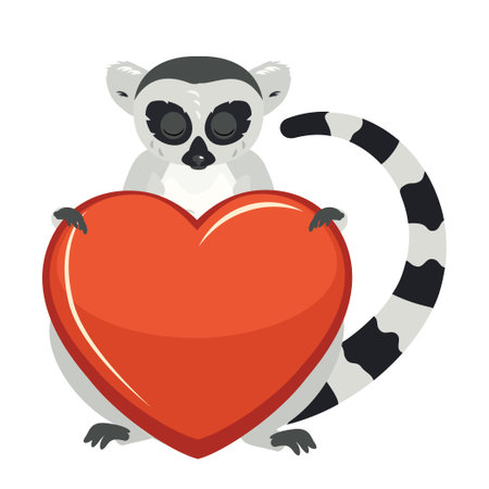 Cute cartoon gray lemur catta with big red heart illustration.のイラスト素材