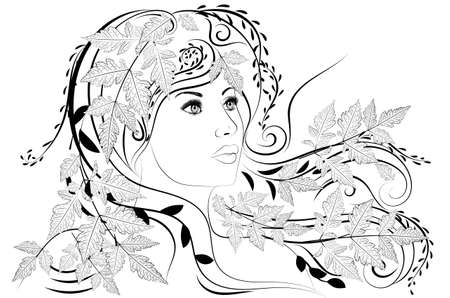 Woman portrait with autumn leaves in hair, black and white illustration.のイラスト素材