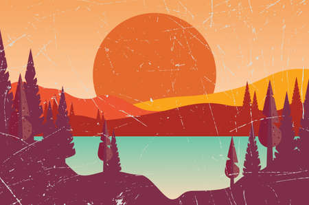 Abstract sunset landscape in simple retro style illustration.のイラスト素材