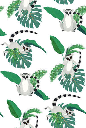 Cartoon gray lemur catta with tropical leaves pattern illustration.のイラスト素材