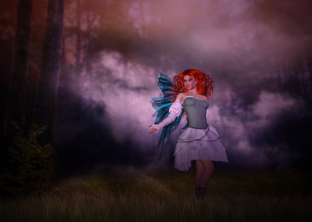 Dark foggy forest and 3d fantasy woman with red curly hair wars green dress, photomanipulation.の写真素材