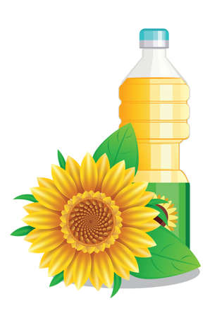 Plastic bottle with vegetable sunflower oil with flower, banner illustrationのイラスト素材