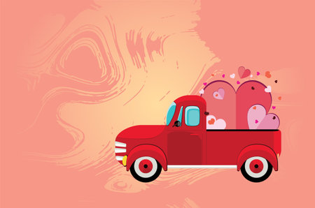 Retro red farmer pickup truck with colorful hearts greeting card illustration.のイラスト素材