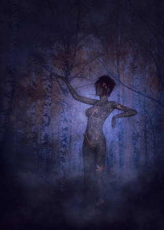 Fantasy dryad woman with tree trunk leg in night autumn forest, 3d Illustration.の写真素材