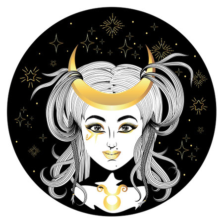Fantasy Taurus girl with Egyptian style makeup and crescent moon illustration.